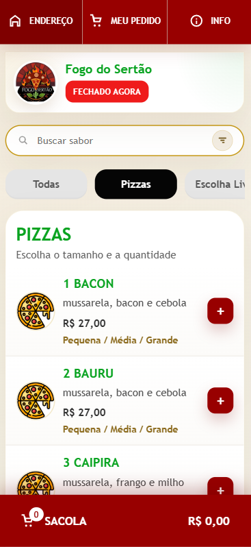 Tela mobile do cardápio online com lista de pizzas e sacola.