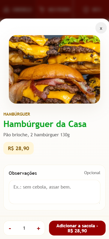 Tela mobile de produto com foto, observações e botão de adicionar à sacola.