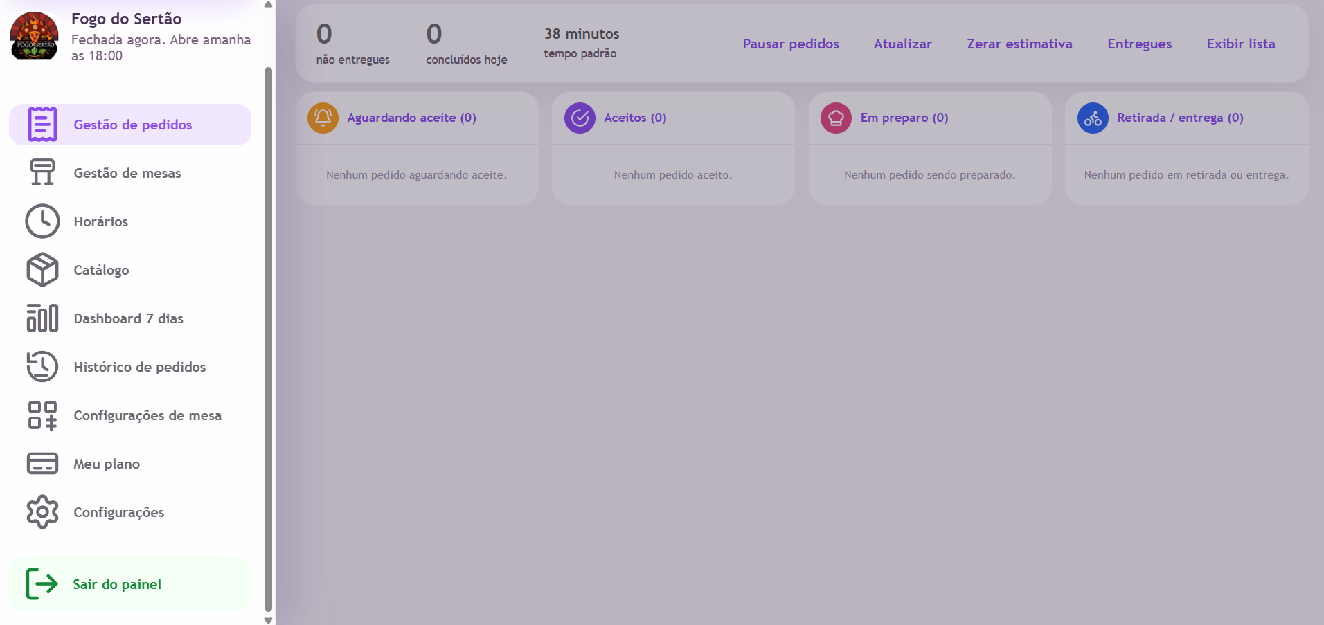 Painel de gestão de pedidos com colunas de aguardando aceite, aceitos, em preparo e retirada ou entrega.
