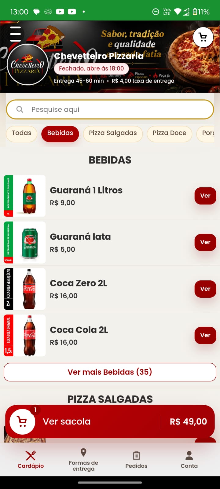 Cardápio da Chevetteiro Pizzaria na EIRDS, com categorias, bebidas, preços e sacola