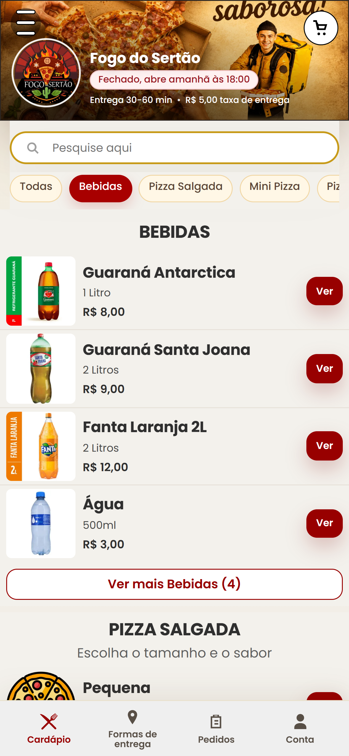 Captura real do cardápio da pizzaria Fogo do Sertão na EIRDS