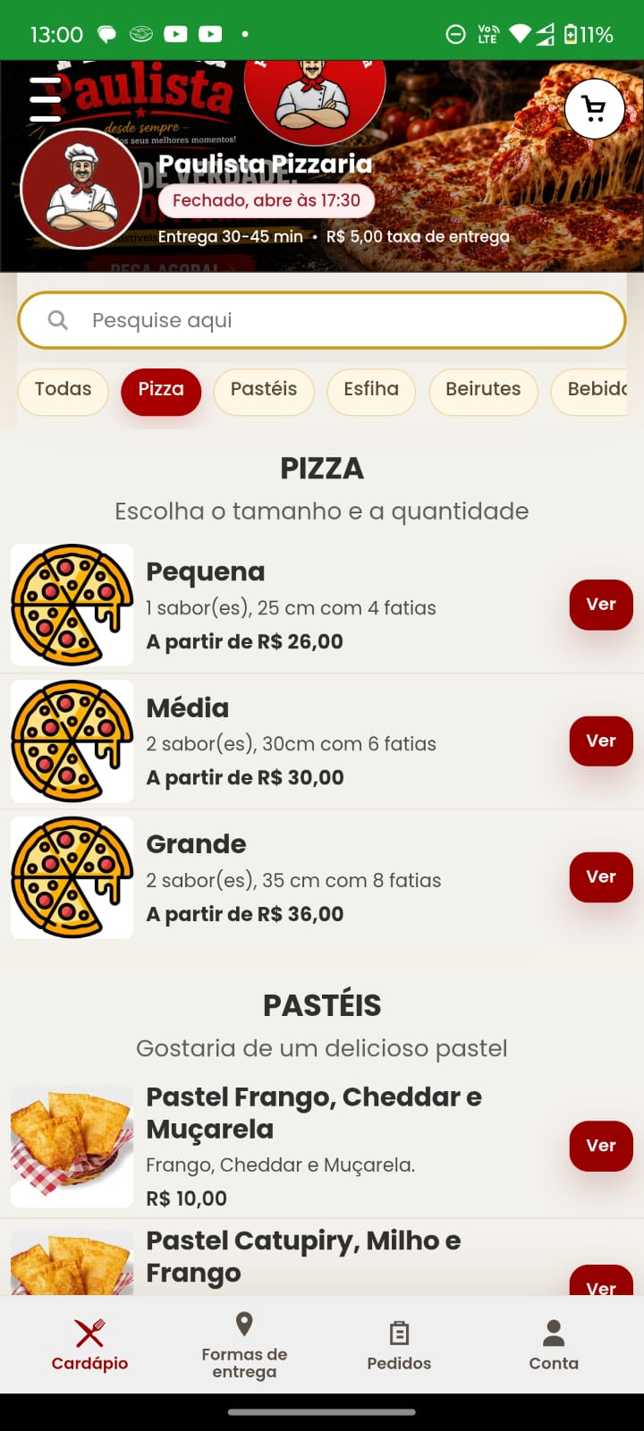 Cardápio da Paulista Pizzaria na EIRDS, com tamanhos de pizza e produtos da categoria pastéis